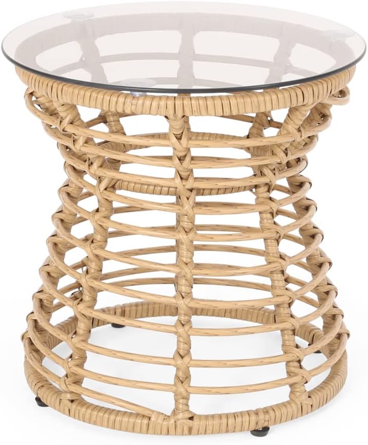 GDFStudio Outdoor Wicker Side Table, Light Brown
