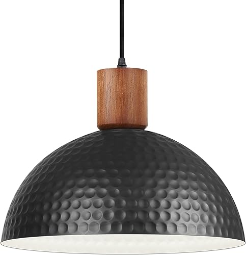 Lámpara colgante de metal martillado de 12 pulgadas, lámpara colgante de techo negro y madera, lámpara colgante de cúpula de estilo industrial