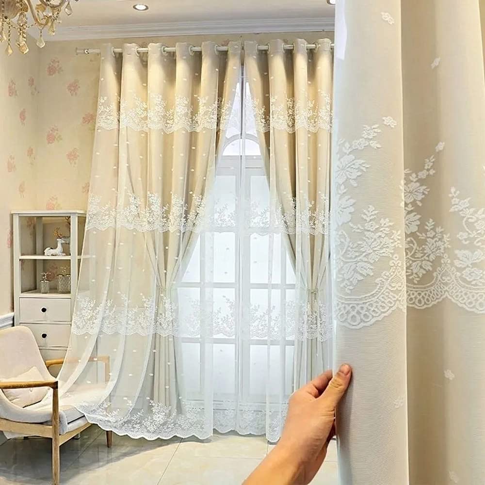 Rideaux brodés double couche salon chambre 168x228 design pastoral beige