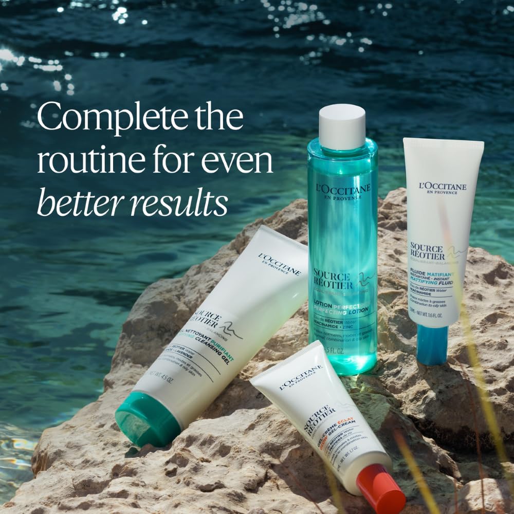 L'OCCITANE Source Reotier Mattifying Fluid: With Hyaluronic Acid & Niacinamide, Velvety Matte Finish, For Combination to Oily Skin, 1.6 Fl. Oz