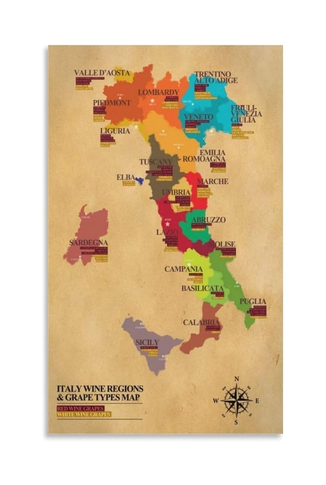 LLBOGRGGN Italian Wine Regions Educational Poster Grape Varieties Map Canvas Print for Sommelier Home Office Study(Unframed,08X12inch(20X30cm))
