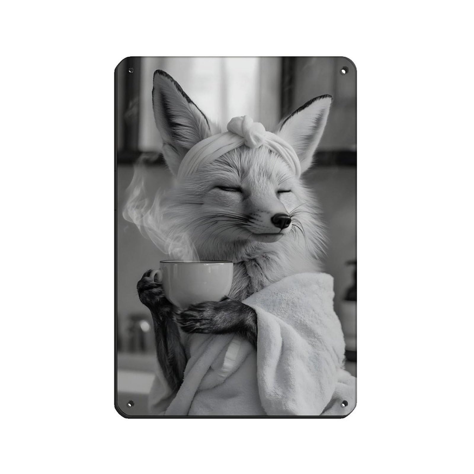 Cute Fox Drinking Coffee,Bathroom Decor Retro Poster Metal Tin Sign Chic Art Retro Iron Painting Bar People Cave Cafe Family Garage Poster Wall Decoration 8x12inch(20x30cm)