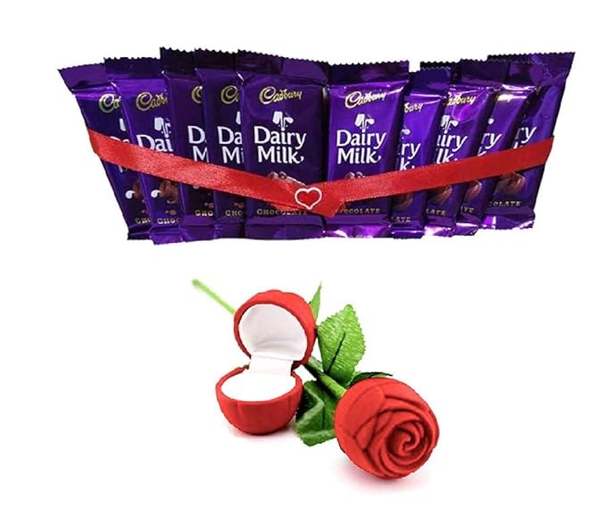 KIDSOR Valentines Day Gifting Combo with Fabric Velvet Red Rose Ring Box For Valentine Girl and 10 Units Cadbury Dairymilk Chocolate