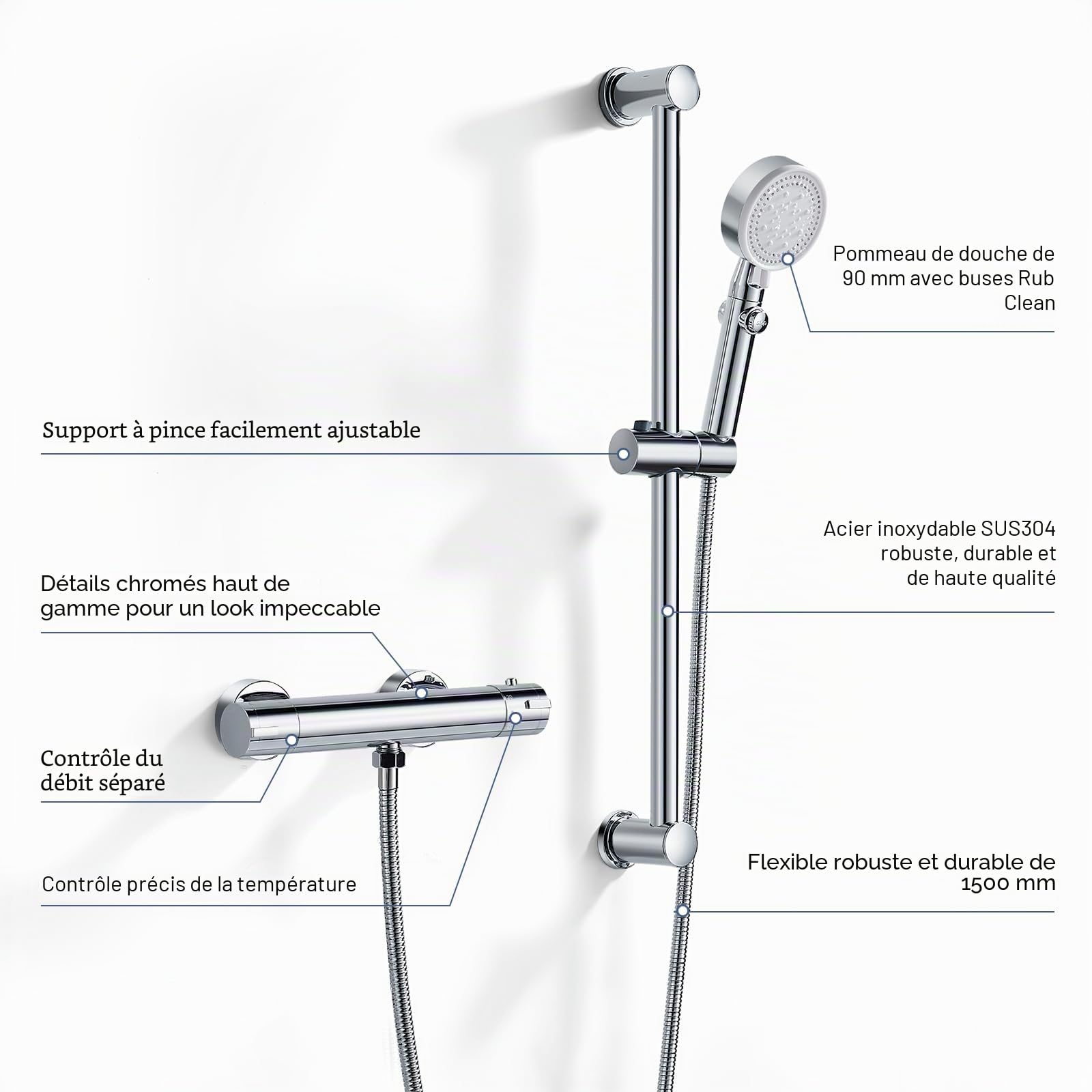 Mitigeur Thermostatique Douche Laiton, Ensemble Douche Barre 635mm, 5 Jets | Corps en Laiton, Barre Inox 304, Sécurité 38°C Anti-Brûlure, Douchette Réglable en Hauteur, Flexible 1.5m,Raccord G1/2,Chromé
