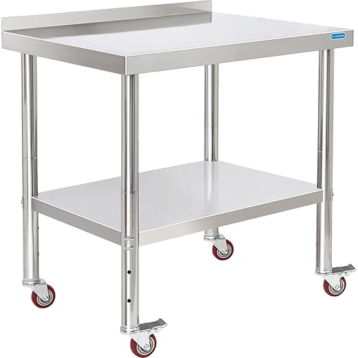 Stainless Steel Table for Prep & Work with 4 Caster Wheels with Backsplash 24 x 30 NSF Metal Commercial Kitchen Adjustable Under Shelf Worktable for Restaurant Home Outdoor