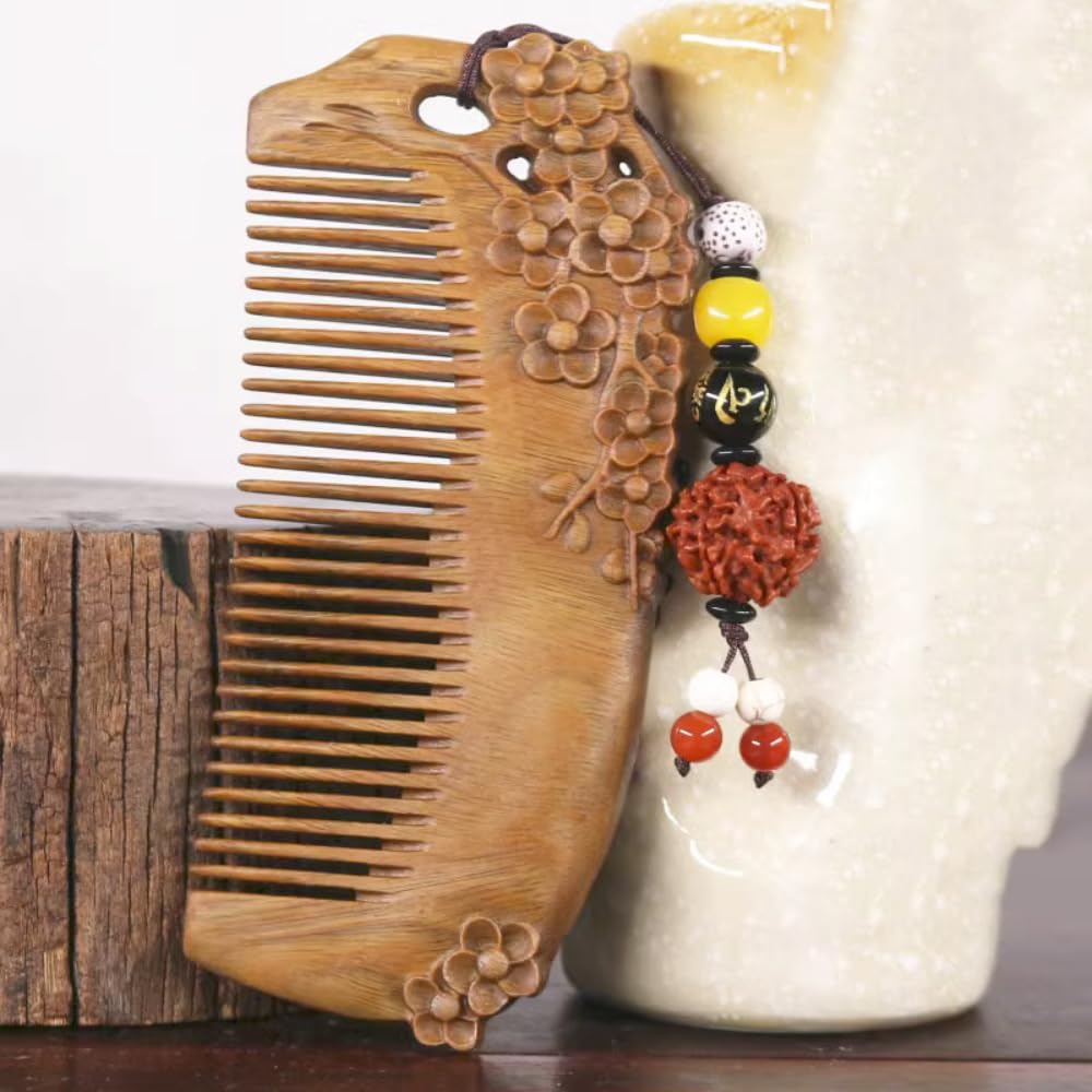 grzebień, grzebień z szerokimi zębami do loków, Natural Green Sandalwood Comb Embossed Flower Creative High Grade