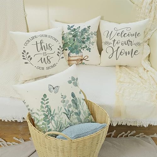 HAIRUO Juego de 4 fundas de almohada de hojas verdes claras, 18 x 18 pulgadas, diseño de hojas simples y mariposas, para sala de estar, dormitorio,