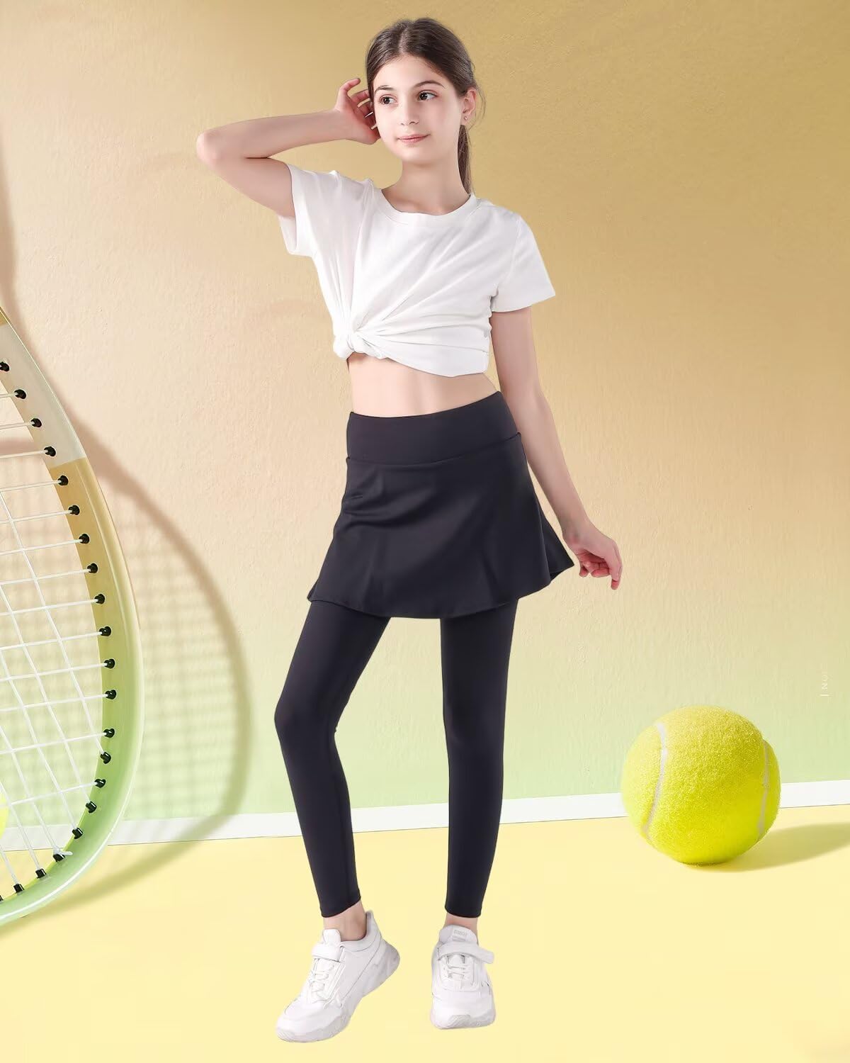 2 in 1 Girls Leggings with Skirt High Waisted Tennis Athletic Flowy Skirted Legging with Pockets for Kid - Image 3