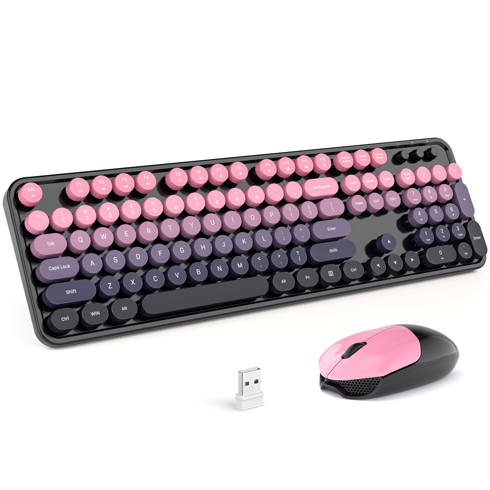 MOFII Wireless Keyboard and Mouse Combo, Full Size 2.4G Plug and Play Typewriter Retro Round Computer Keyboard and Mouse Set for Windows, Computer, Desktop, PC, Notebook - (Plum Pink Gradient)