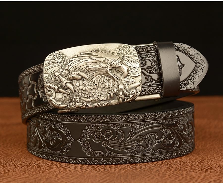 Men's Genuine Leather Belt – Ratchet Adjustable 3D Eagle Buckle Vintage Engraved Dress & Casual Strap3