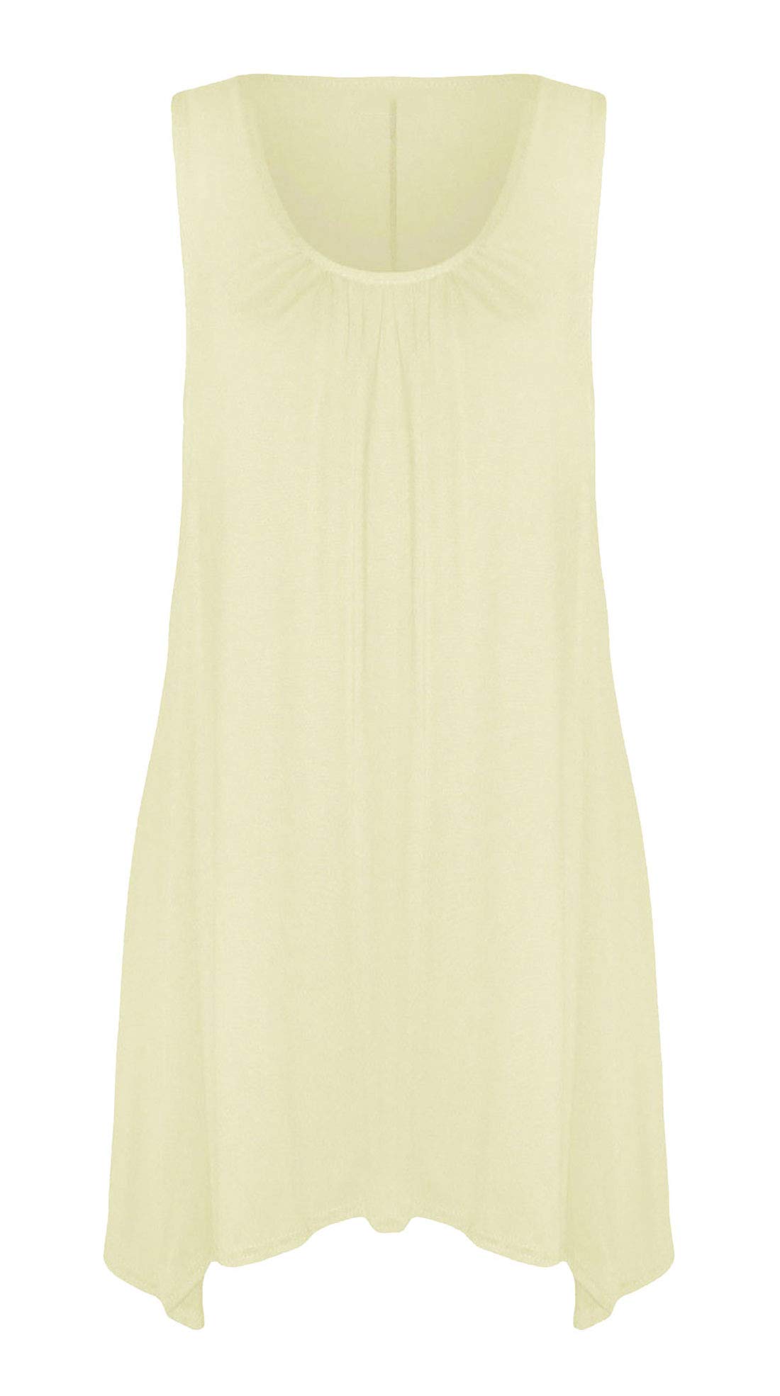 Real Life Fashion Ltd Women's Cream Sleeveless Hanky Hem Top Plain Gathered Top Scoop Neck Tunic Shirt Flared Vest Top