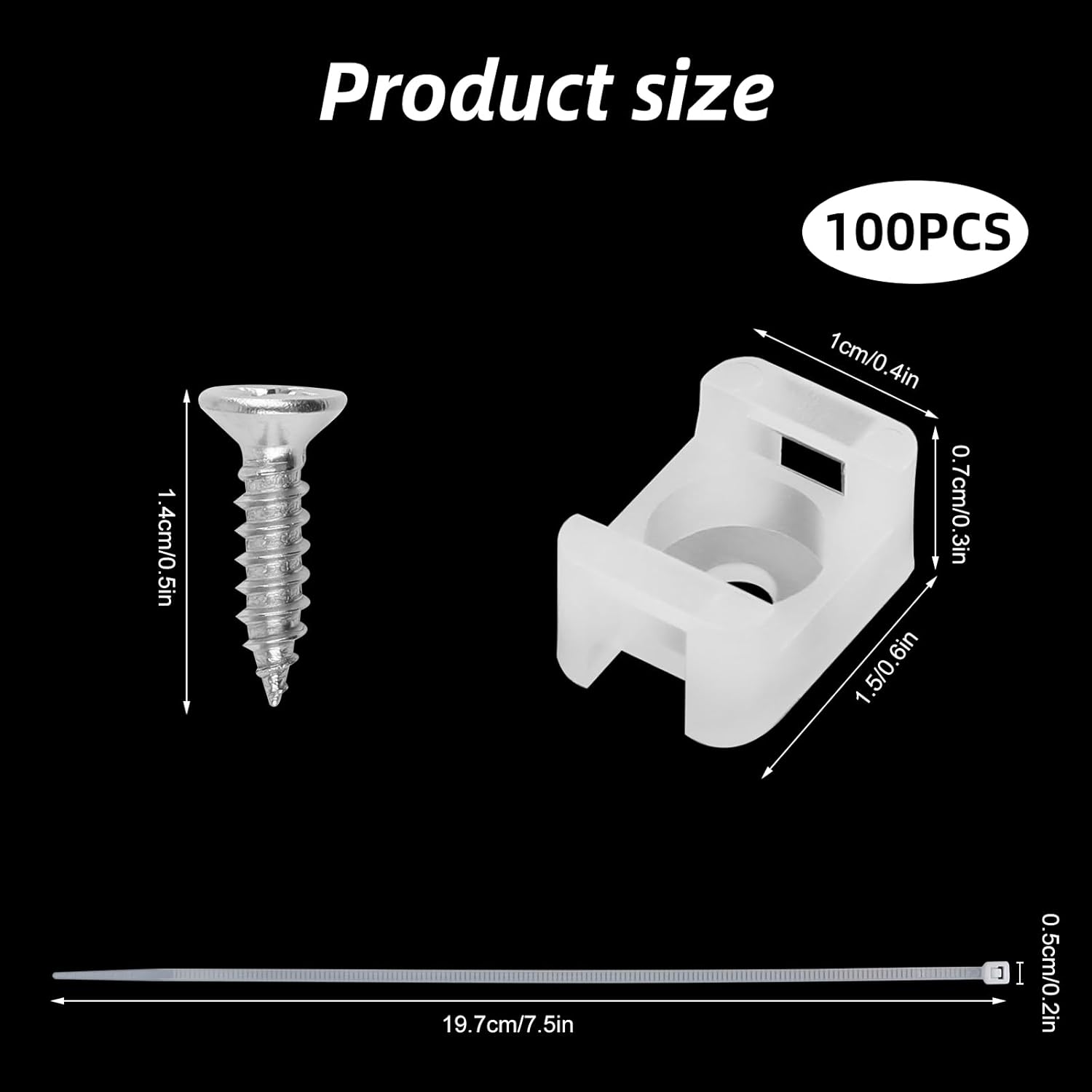 100Pack Saddle Type Cable Zip Tie Mounts Base Kit with 100Pcs 7.5Inch Nylon Cable Ties and 100Pcs Screws,Wire Clips Organizer,Cable Management Clamps for Wall,Desk,Baseboard (White)