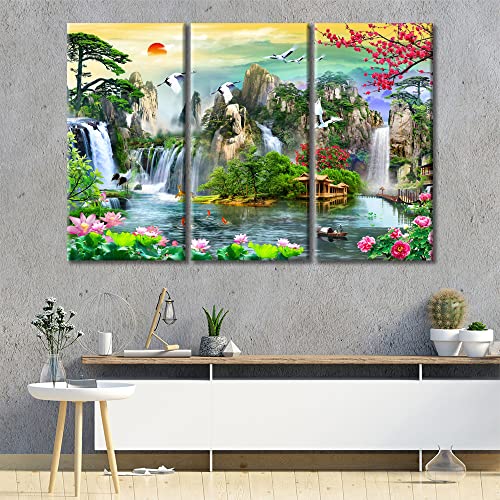 Tumovo Chinese Painting Style Of Ink And Wash Landscape Painting Wall Art Canvas Print 3 Pieces The Mountains In The Morning Sailboat To The Horizon Rustic Scenic Framed Ready To Hang (60" Wx40 H) #TOP1