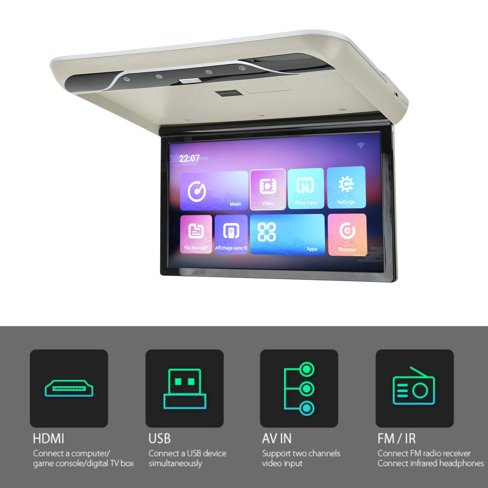KIMISS Monitor de Techo de Coche de 19 Pulgadas, Pantalla Táctil, Reproductor Superior de Coche 1080P de Alta Definición, Monitor Montado en Techo Abatible hacia Abajo, Multifunción para(Gris)