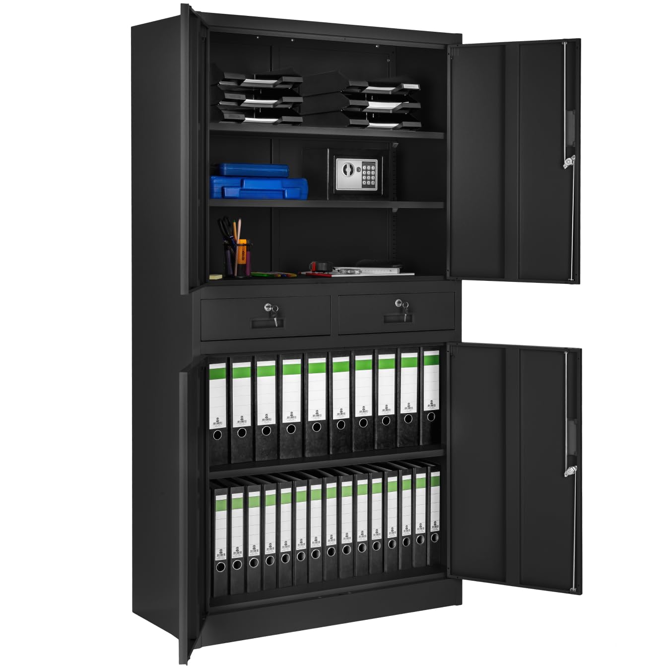 TecTake® Armario Archivador Oficina en Acero, Armario Exterior e Interior con Candado Seguridad, Armario Multiusos con 5 Alturas, 4 Puertas, 2 Cajones, 3 Estantes Ajustables, 180x80x40 cm - Negro