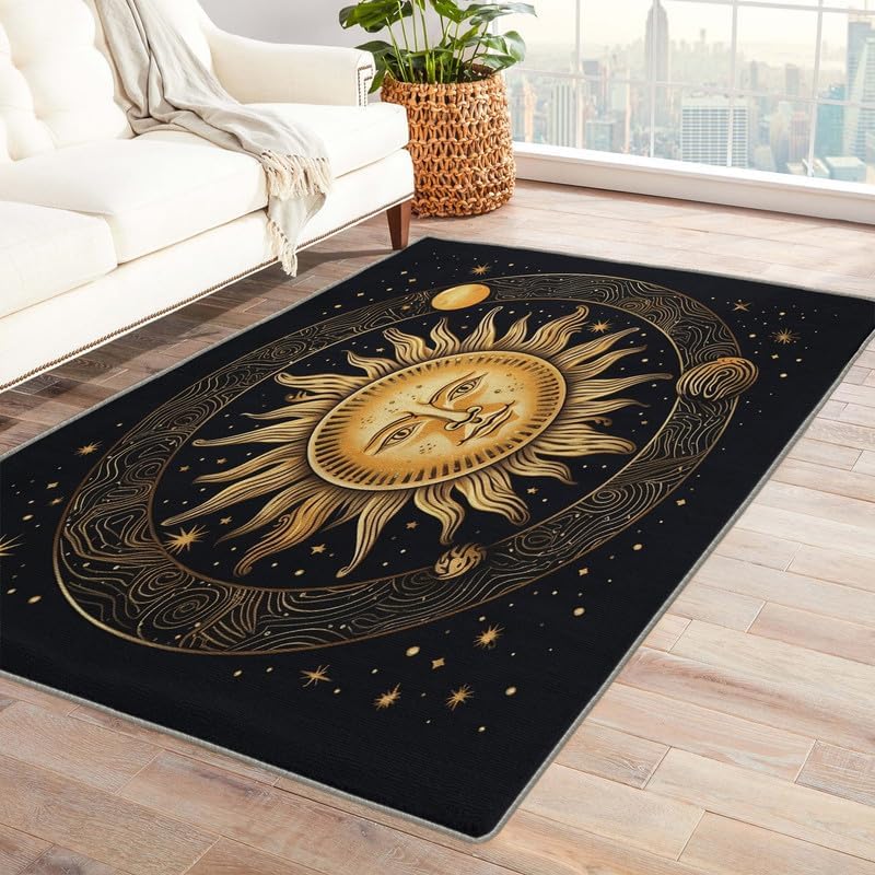 Washable Rugs for Living Room Bedroom, Starry Sky Rug & Home Decor, Moon and Stars Area Rug 4x5, Non Slip Soft Low Pile Non-Shedding Indoor Carpet, Decorative Area Rugs