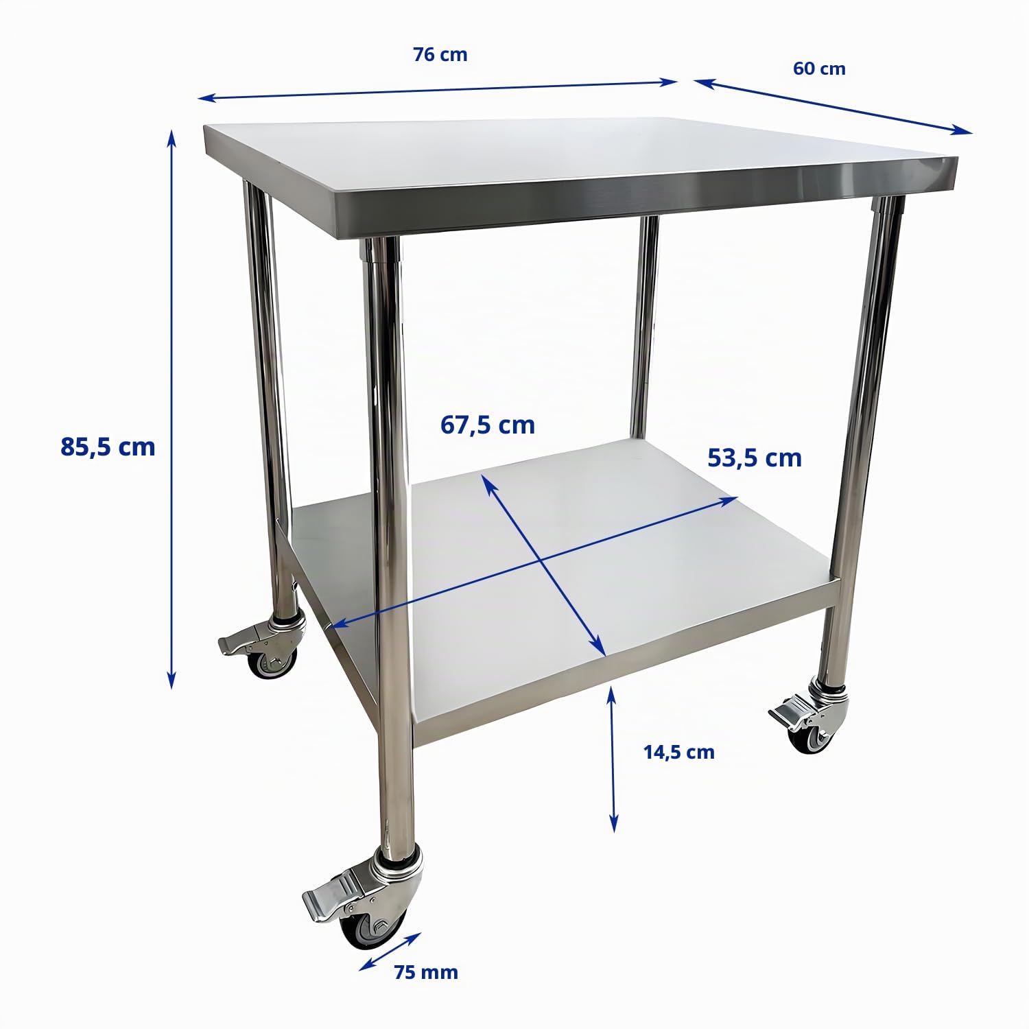 Table de cuisine en acier inoxydable 76x61cm - 4 roulettes avec freins - Table de restauration professionnelle pouvant supporter jusqu'à 200kg - Table de cuisine professionnelle en acier