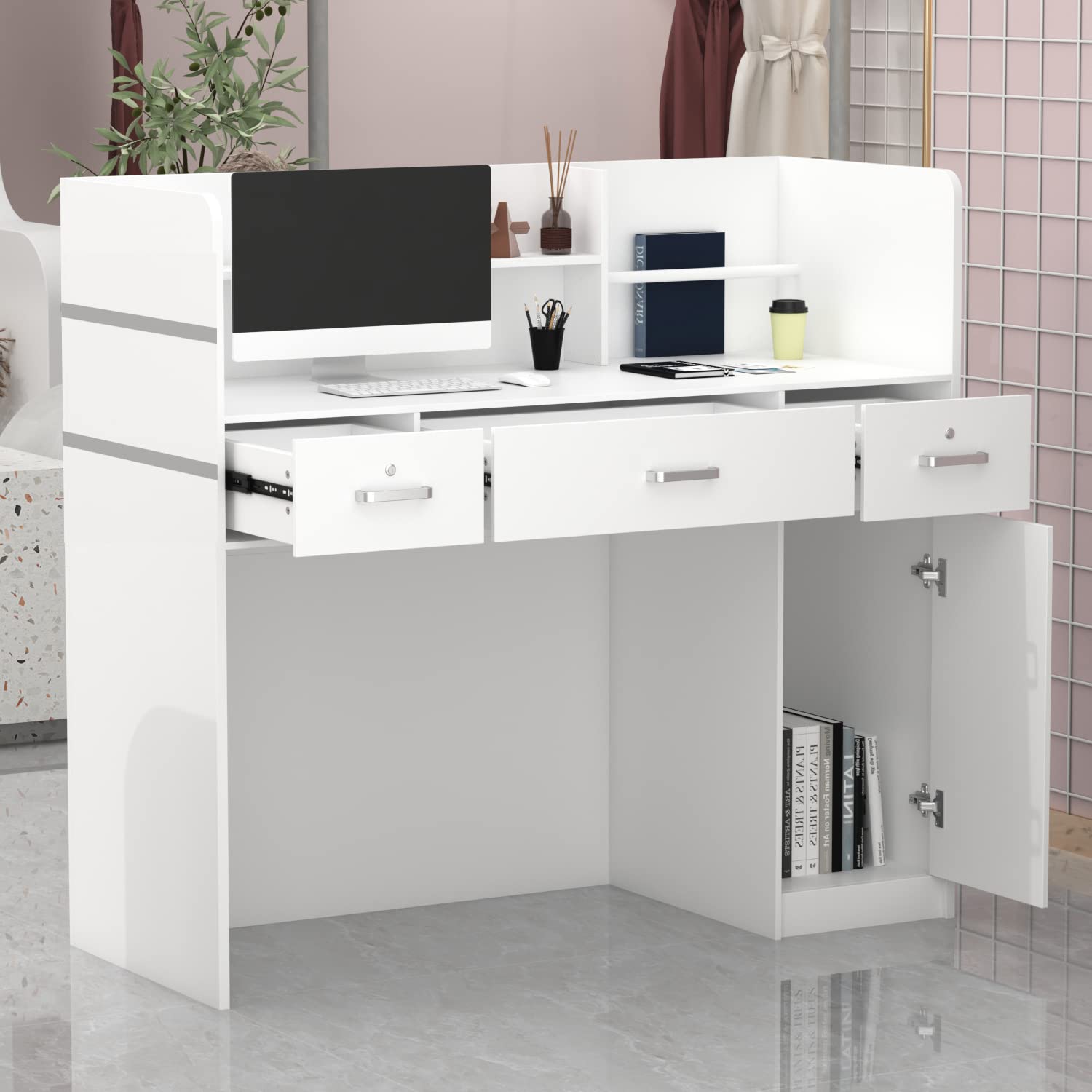 Mesa de Oficina, Mueble Recepción, Mostradores de Recepción Grandes, Mostrador Basic, con 3 Cajones, Mostradores para Tiendas, Disponible, Pantalla de Privacidad, Blanco, MDF, 110 x 120 x 50 CM