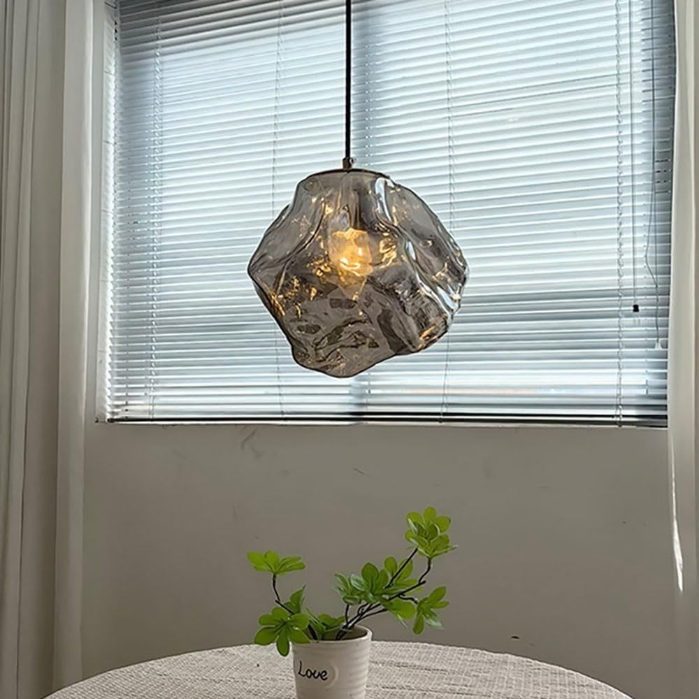 Modern Style Pendant Light, Irregular Lava Ice Creative, LED 3-color Mid Century Smoked Glass Hanging Lamp, Vintage Hand Blown Fixture, For Bedroom, Dining Room, Kitchen Island(Smoke Grey,20CM)