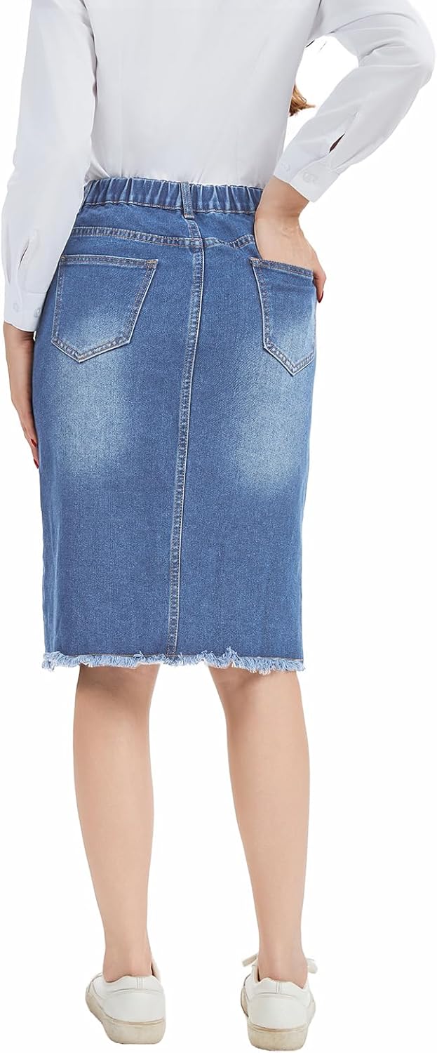 MINTLIMIT Women's Jean Skirt High Waist Front Slit 2025 Frayed Raw Hem Waistband on Back Casual Stretchy Midi Denim Skirts - Image 3