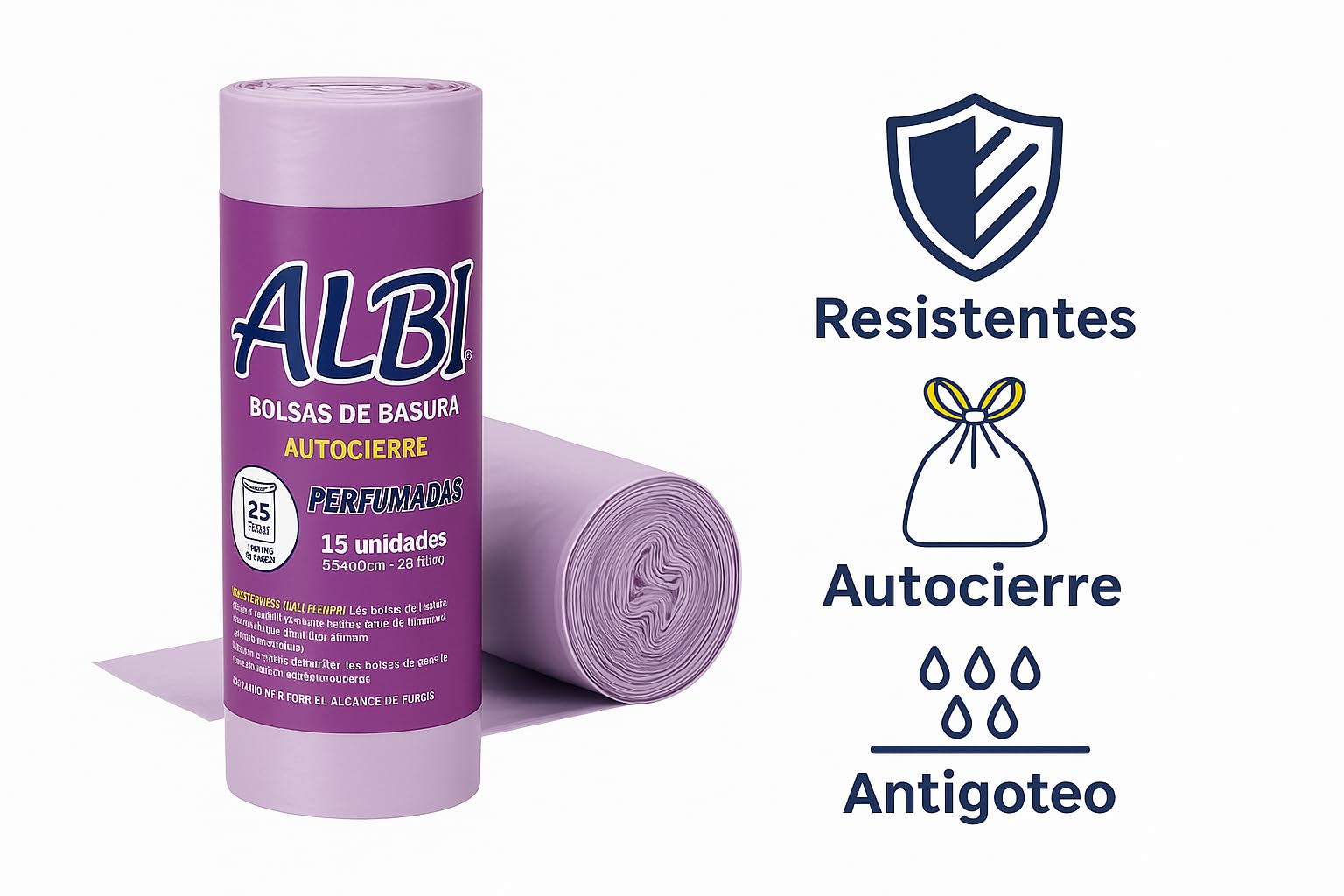 40 rollos de bolsas de basura perfumadas 25L (55x60 cm) | 15 uds por rollo | Autocierre fácil, multicapa y antigoteo para hogar