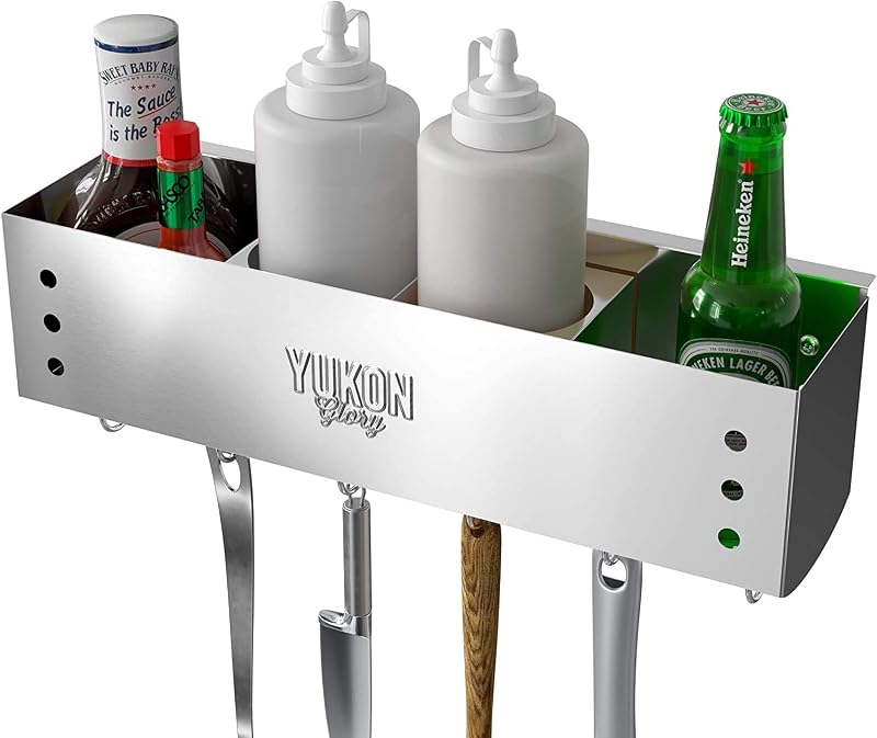 BBQ Caddy Organizer, Griddle Caddy for Char-Broil 4-Burner | Stainless steel grill station organizer. Fits Char-Broil model 463377319 Performance 4-Burner cart style grills.