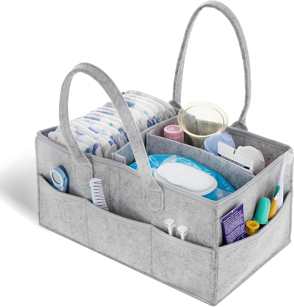 GoldenLikeGoldenLike Baby Diaper Caddy Organizer,Foldable Felt Storage Bag, Portable Nursery Essentials Storage Basket Bin,Portable Car Travel Organizer for Changing Nappy, Wipes,Newborn Essentials (Light Grey)