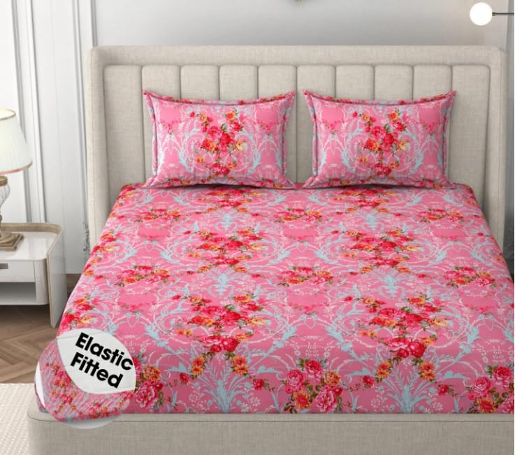 Image of 210 TC Glace Cotton Soft Flower Design Printed Fitted King Size 72x78x10 inches Bedsheet Set Lightweight & Durable All Season Comfort 1 Bed Sheet with 2 Pillowcase 17x27 inches - Pink