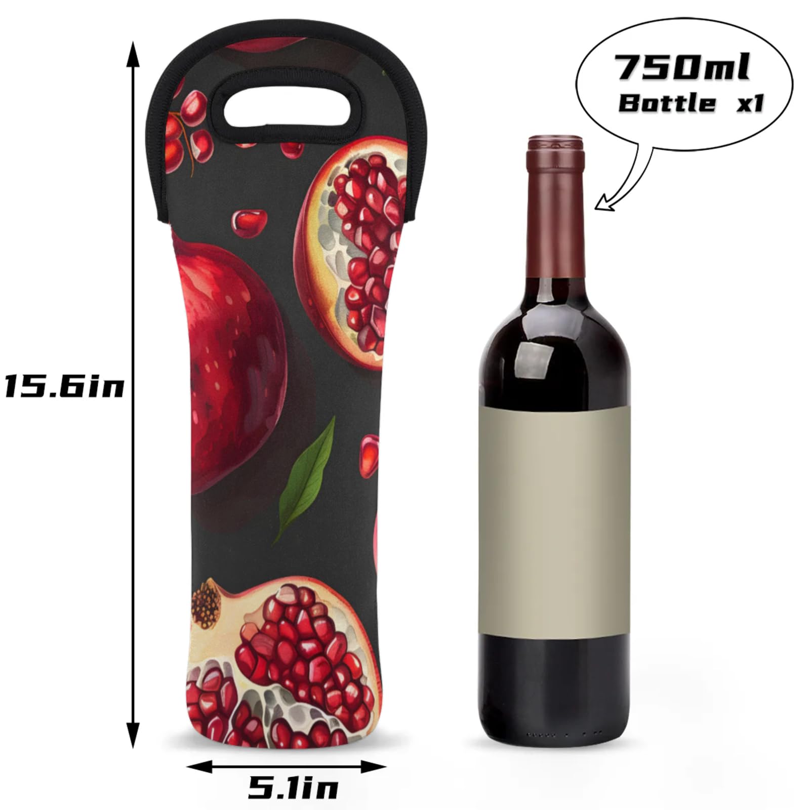 Neoprene Wine Tote Carrier Bag for Wine,Water, Champagne, Beer, Baby Bottles 15.6 x 5.1 Inches, Protective Wine Bag,Fruit Pomegranate