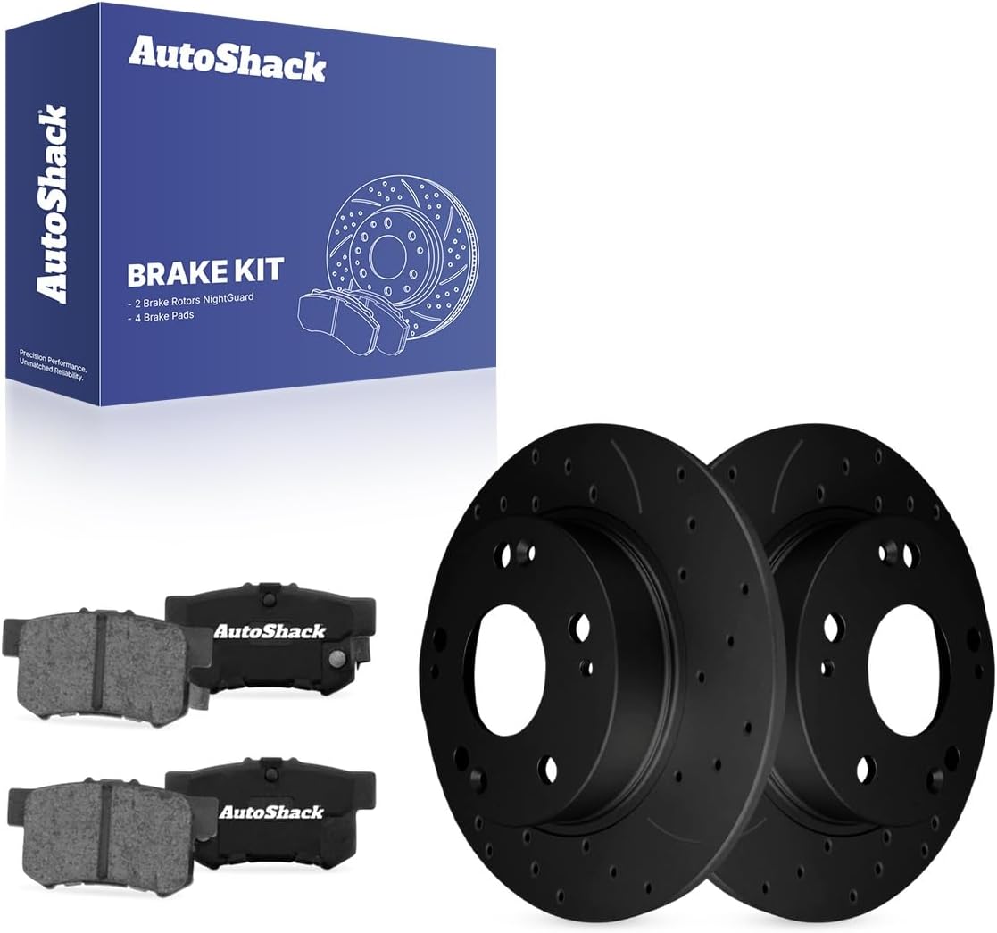 AutoShack Rear Brake Rotors & Ceramic Pads for Honda, Civic 2006-2015, FWD L4 1.3L 1.8L 2.0L 2.4L - E-Coated Drilled & Slotted - Black Finish - NightGuard - 10.24" (260 mm), 5-Lug