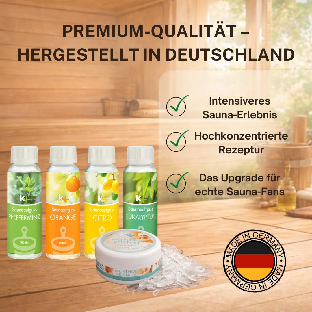 KK Hygiene Saunaaufguss Set „Toskana“ 4 x 100 ml (Eukalyptus, Orange, Zitrone & Pfefferminz) + 50 g Mentholkristalle – Mediterran-frisches Sauna Geschenkset für finnische Sauna & Dampfbad