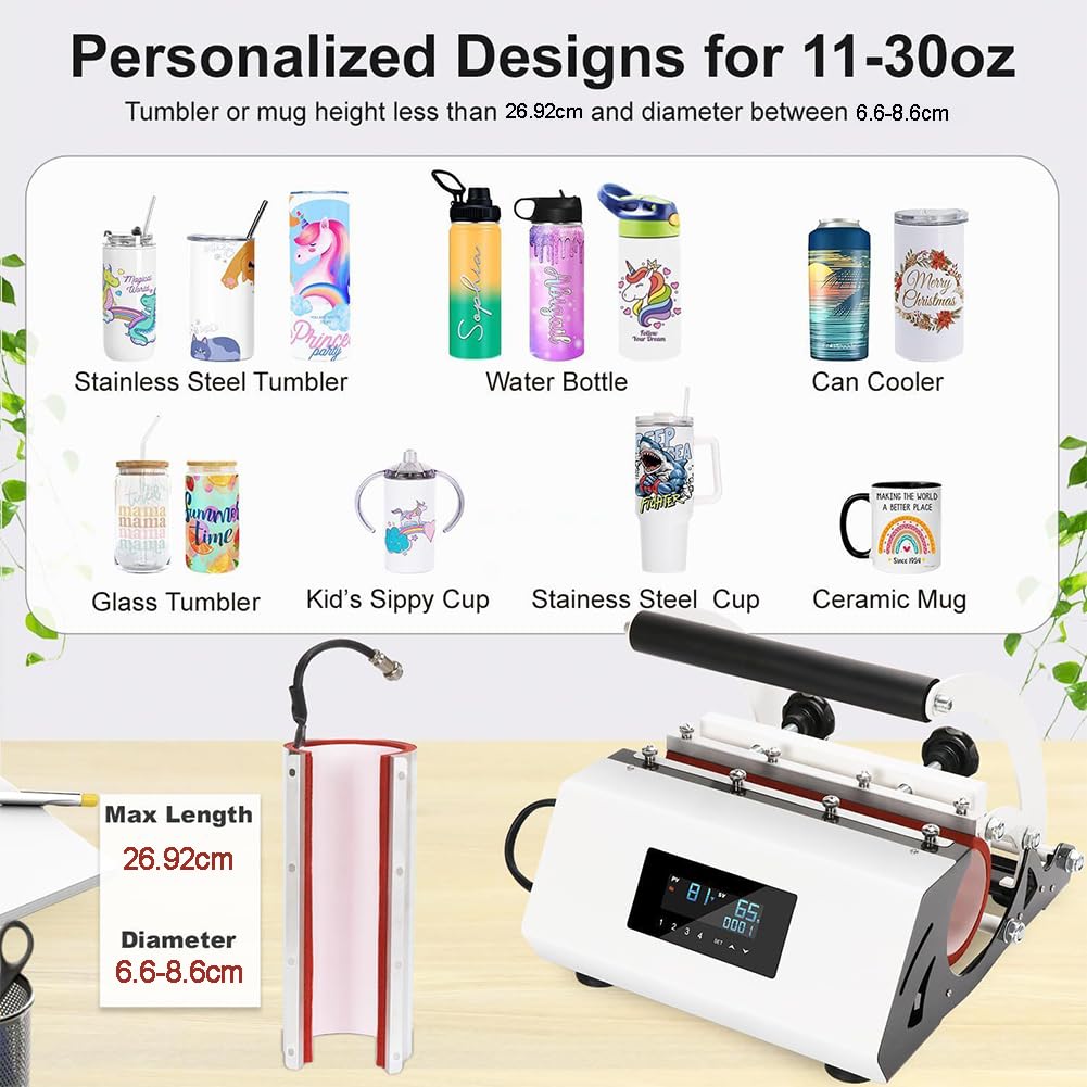Macchina da stampa per tazze a sublimazione con timer digitale, funzione timer automatico, pannello di controllo aggiornato, 4 modalità preimpostate, compatibile con bicchieri da 325-850 ml, include