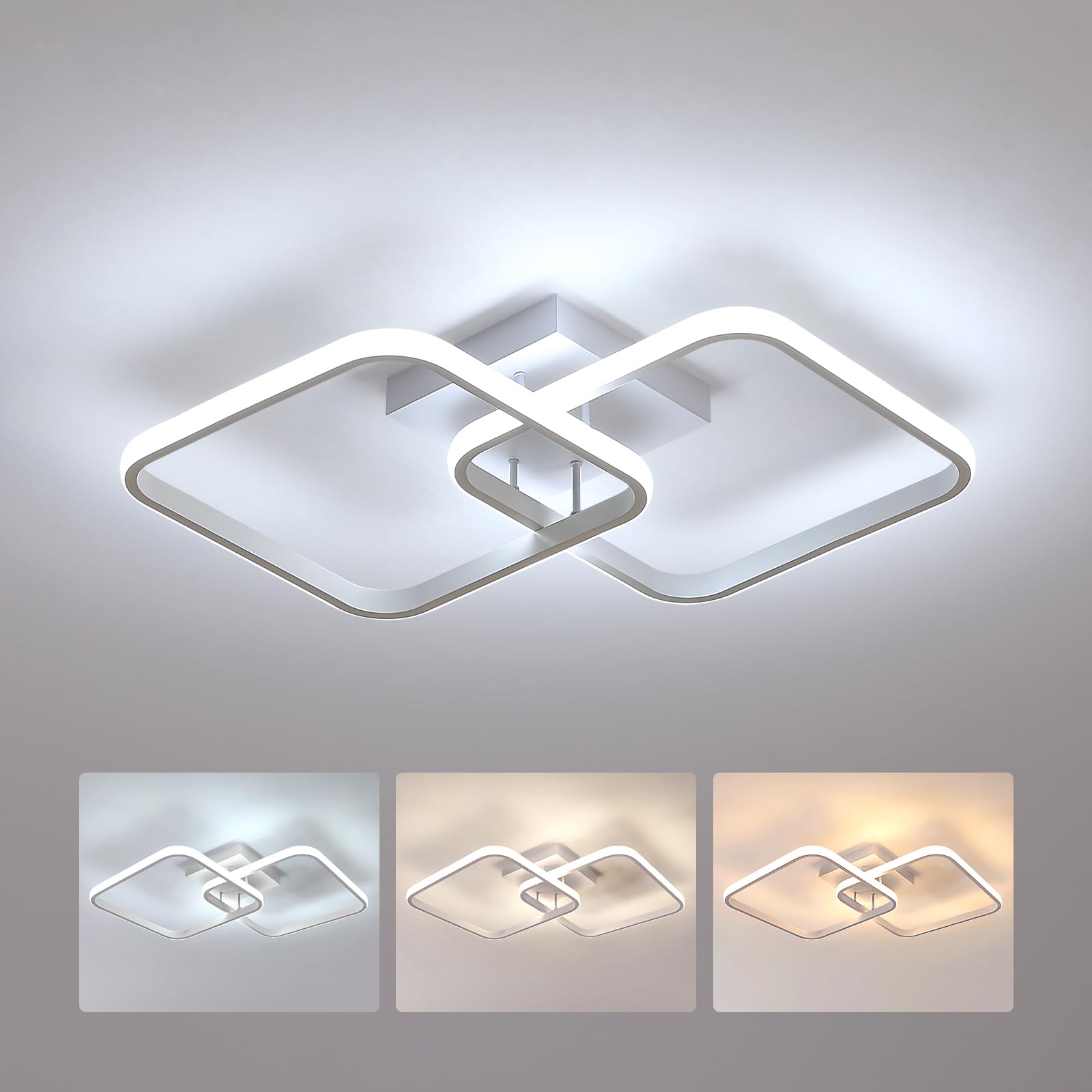 Goeco Modern LED Ceiling Light, 3 Light Colors Changeable (3000K/4500K/6000K) Square Flush Mount Ceiling Light, White Minimalist Indoor Ceiling Light for Living Room, Dining Room, Entryway, Bedroom
