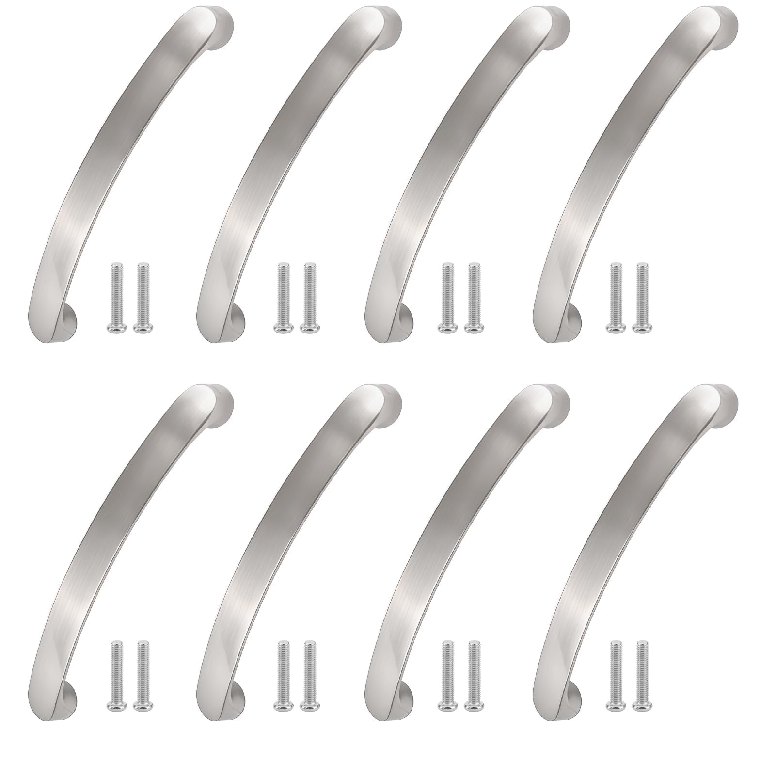 Funver 8-Piece Aluminum Cabinet Handles, 128MM Hole Centre Brushed Nickel Drawer Pulls with Screws, Modern D-Shaped Kitchen Cupboard Handles and Wardrobe Handles for Furniture Drawers and Doors