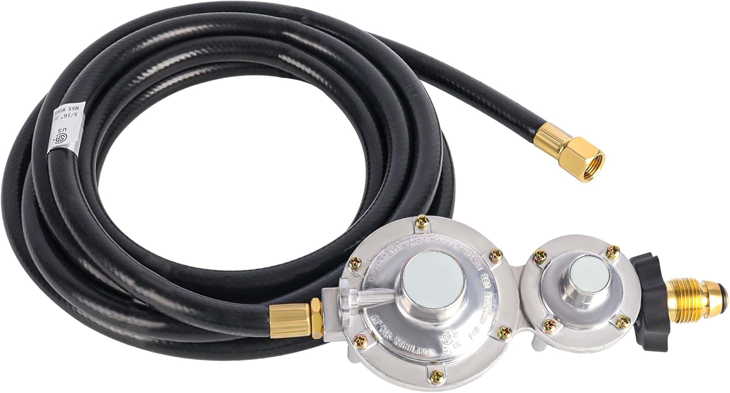 12FT Two Stage Propane Regulator with Hose, Dual Stage Propane Regulator Hose with POL Connector for RV, Gas Grills, Heater Generator, Dual Fuel Generator