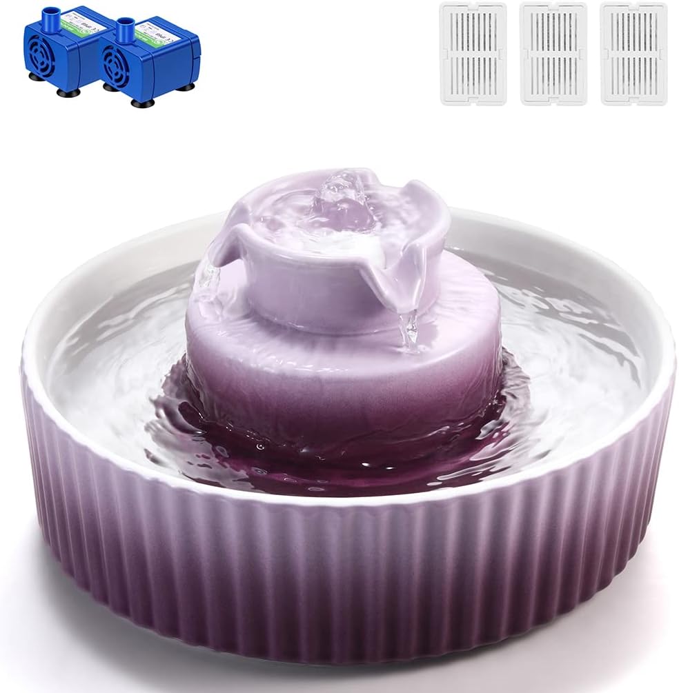 Ceramic Cat Water Fountain, 2.1L/71oz Cupcake Cat Fountain for Dog and Cat Indoor, 2 Ultra Quiet Pumps(Purple)