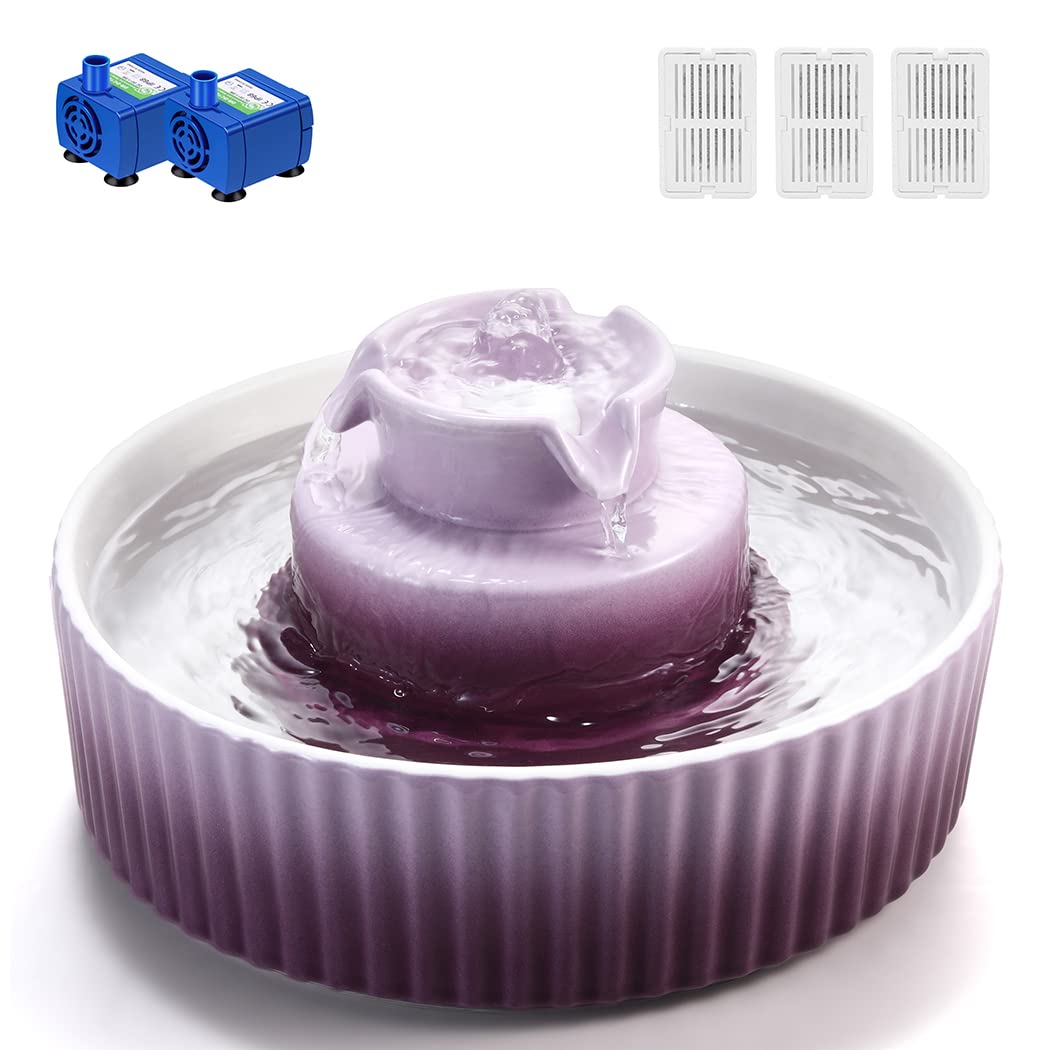 Ceramic Cat Water Fountain, 2.1L/71oz Cupcake Cat Fountain for Dog and Cat Indoor, 2 Ultra Quiet Pumps(Purple)