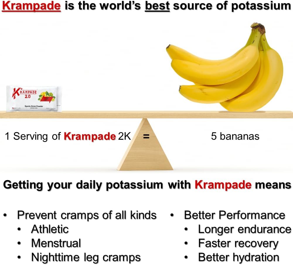 Krampade High Potassium Electrolytes Powder Lemon Lime, 3950mg Electrolytes, 2000mg Potassium, 50mg Magnesium, Cramp Relief & Prevention, Cellular Hydration, Better Endurance & Recovery, 20 Packets