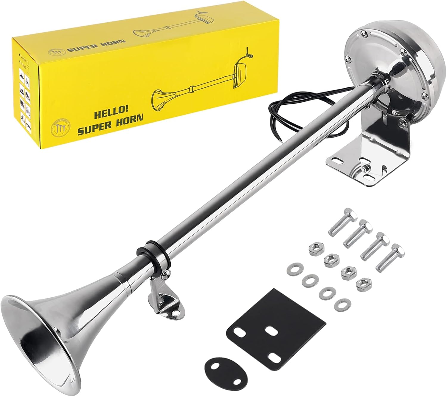 130DB Loud Marine Boat Horn-304 Stainless Steel, 12V Waterproof Electric Air Horn Universal for Car Truck Boat Yacht Fishing Boat, Off-Road Vehicles （Single Trumpet）