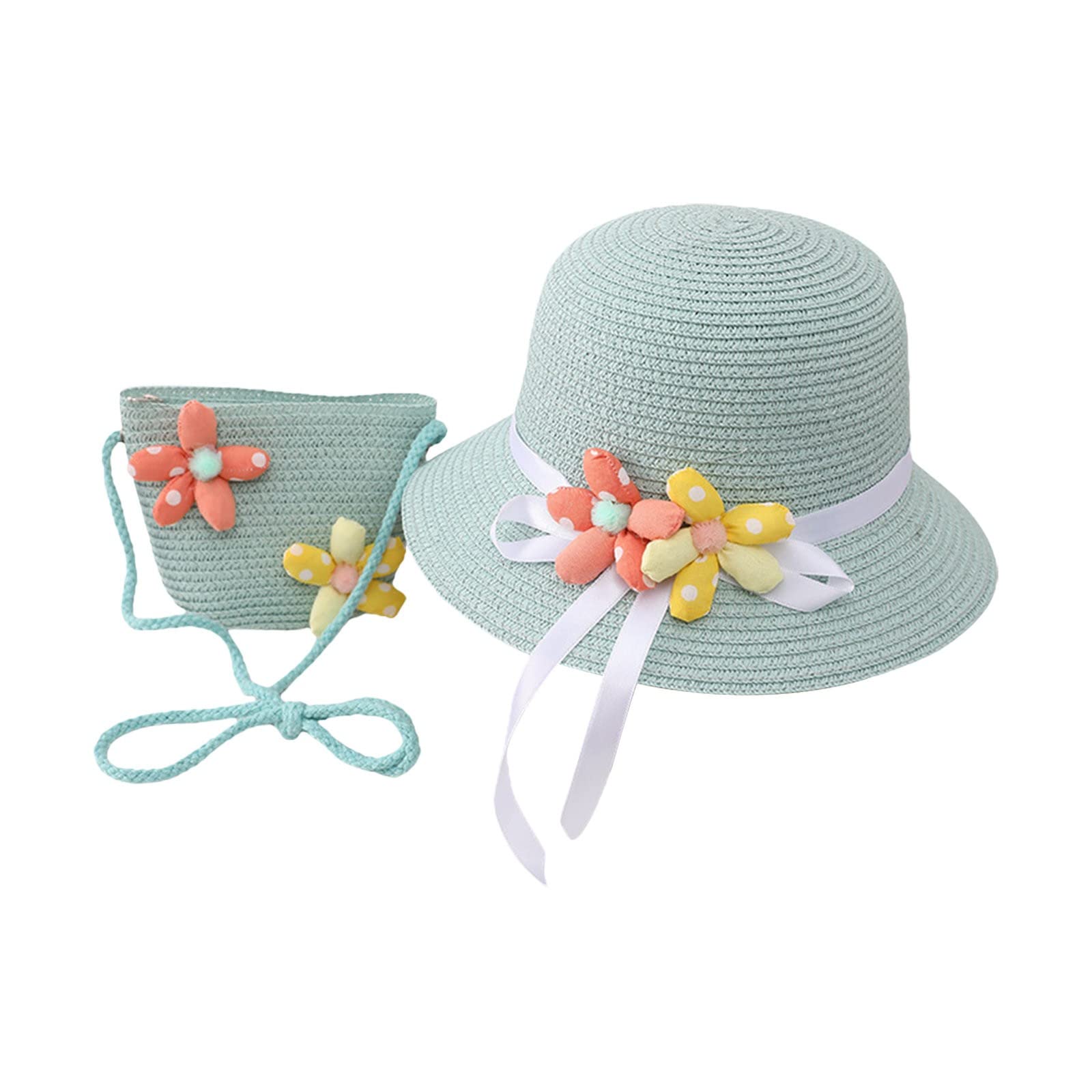 Luckywaqng Conjunto de bolsos de sombrero de paja de verano de ala ancha, sombrero para el sol, sombreros de playa con bolso bandolera, conjunto de ropa para el aire libre para niñas y niños, gorro de