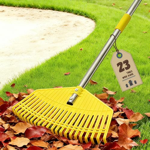 Garden Rake Extra Wide 42 cm Leaf Rake Lightweight Long Handle for Women Seniors Kids Effortless Clean-Up 23 Flexible Tines for Lawn-Friendly 128 cm Adjustable Plastic Rakes for Garden Yellow