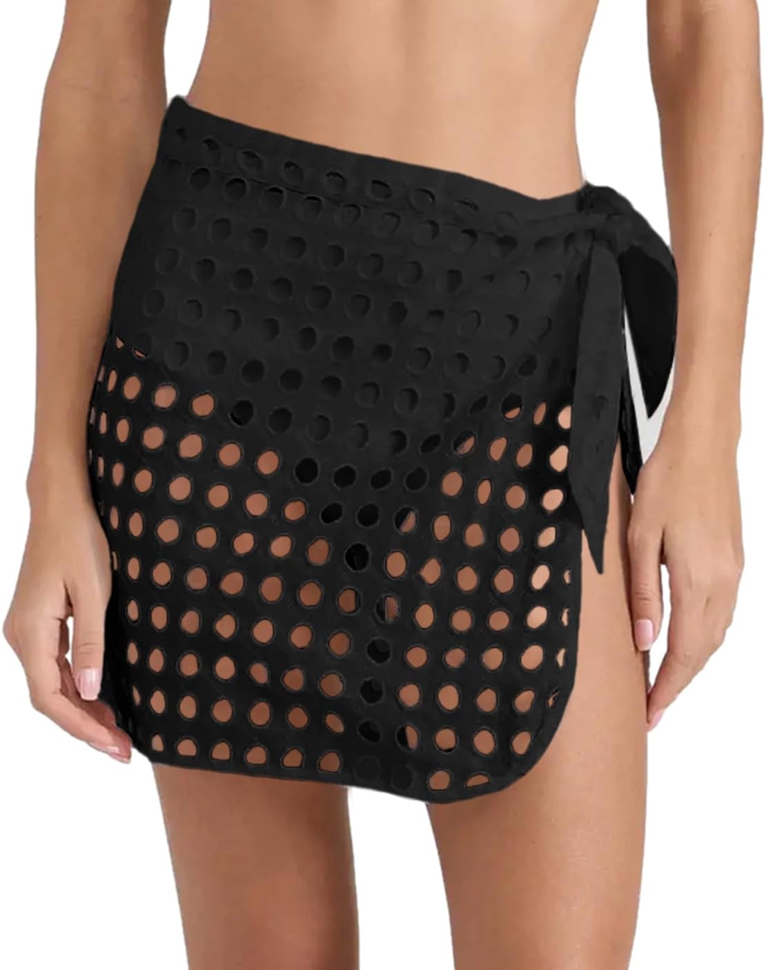Fisoew Womens Swimsuit Coverup Skirt Tie Waist Hollow Out Short Sarong Mini Wrap Skirts Pareo Swimwear Bikini Cover Ups