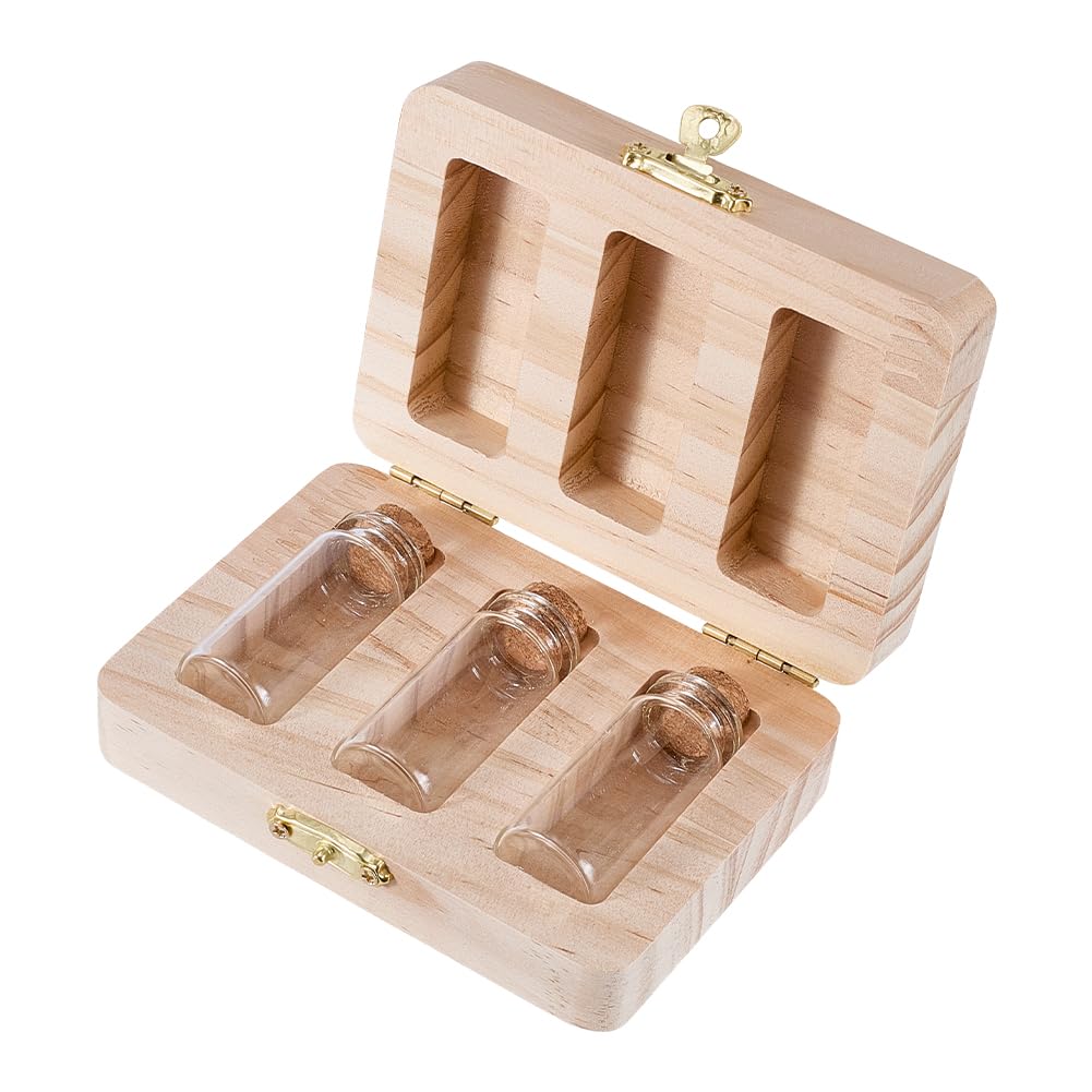 FINGERINSPIRE 1 Set Wooden Keepsake Box with 3 Glass Bottles 114.5x81x33mm BurlyWood Color Rectangle Memory Organizer Box for Umbilical Cord Fetal Hair First Tooth Storage New Parent Gift