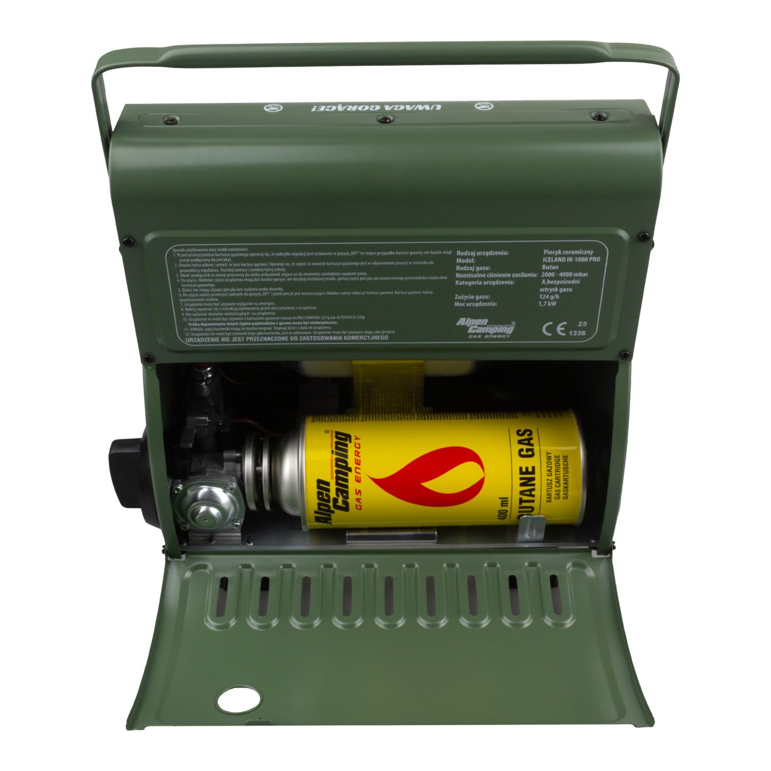 Alpen Camping IK1100 2 w 1 piec gazowy, przenośny grzejnik gazowy + 4 wkłady 400 ml, zużycie gazu 108 g/h, zapłon piezoelektryczny