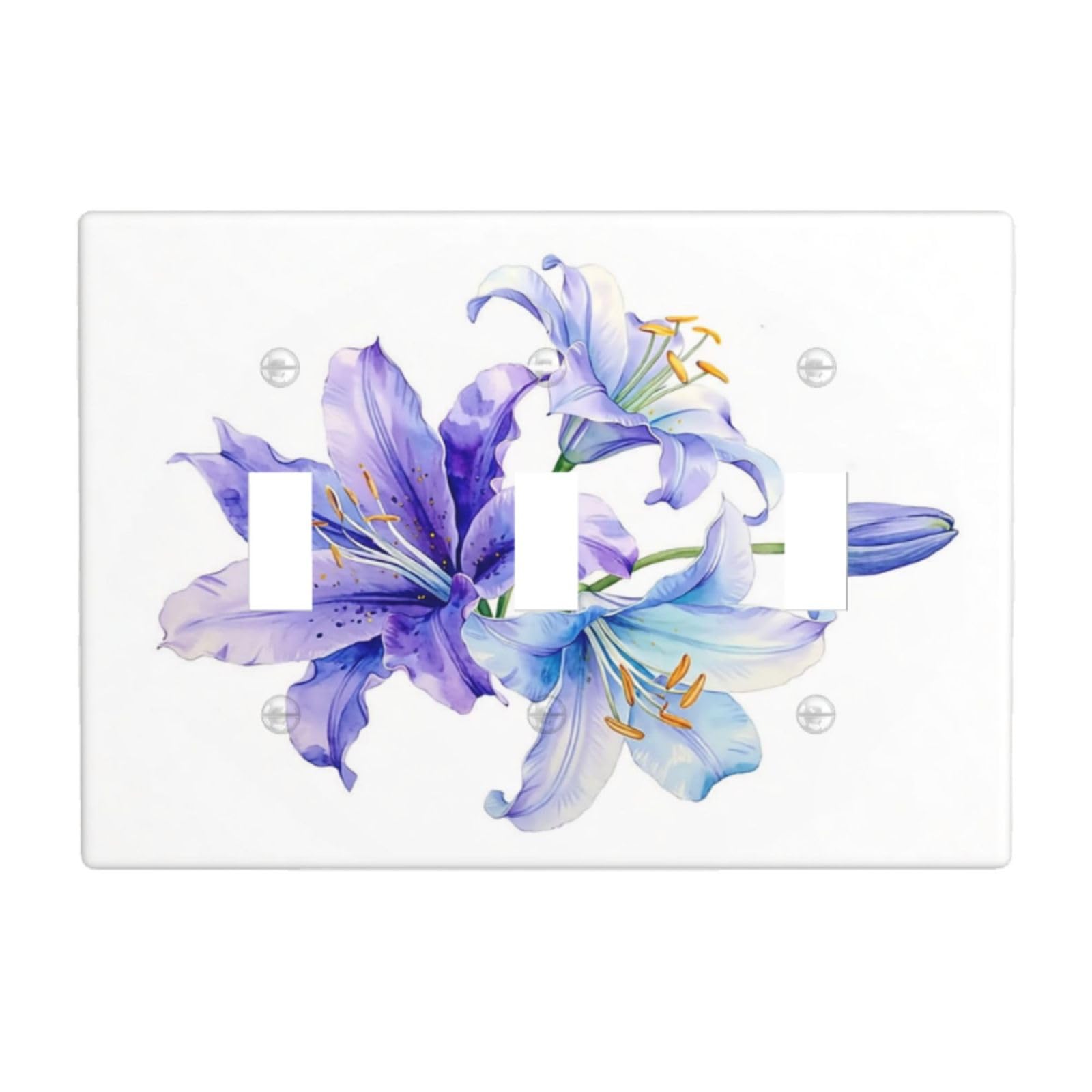 Watercolor Violet and Blue Lily Light Switch Covers 3 Gang Triple Toggle Wall Plate Switchplate Electrical Faceplate for Bathroom Kitchen Bedroom Decor