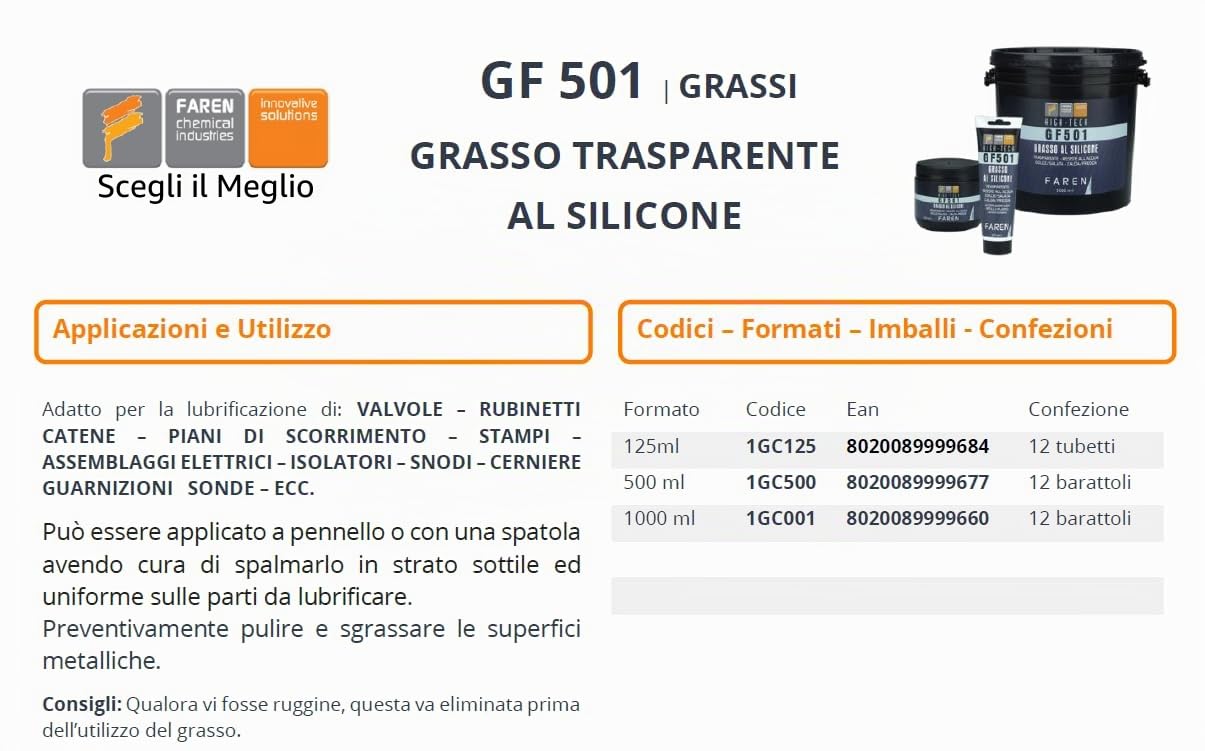 Faren GF501, Grasso trasparente al silicone, Lubrificante Atossico Inodore Idrorepellente per Metalli,Plastici e Gomme (1kg)