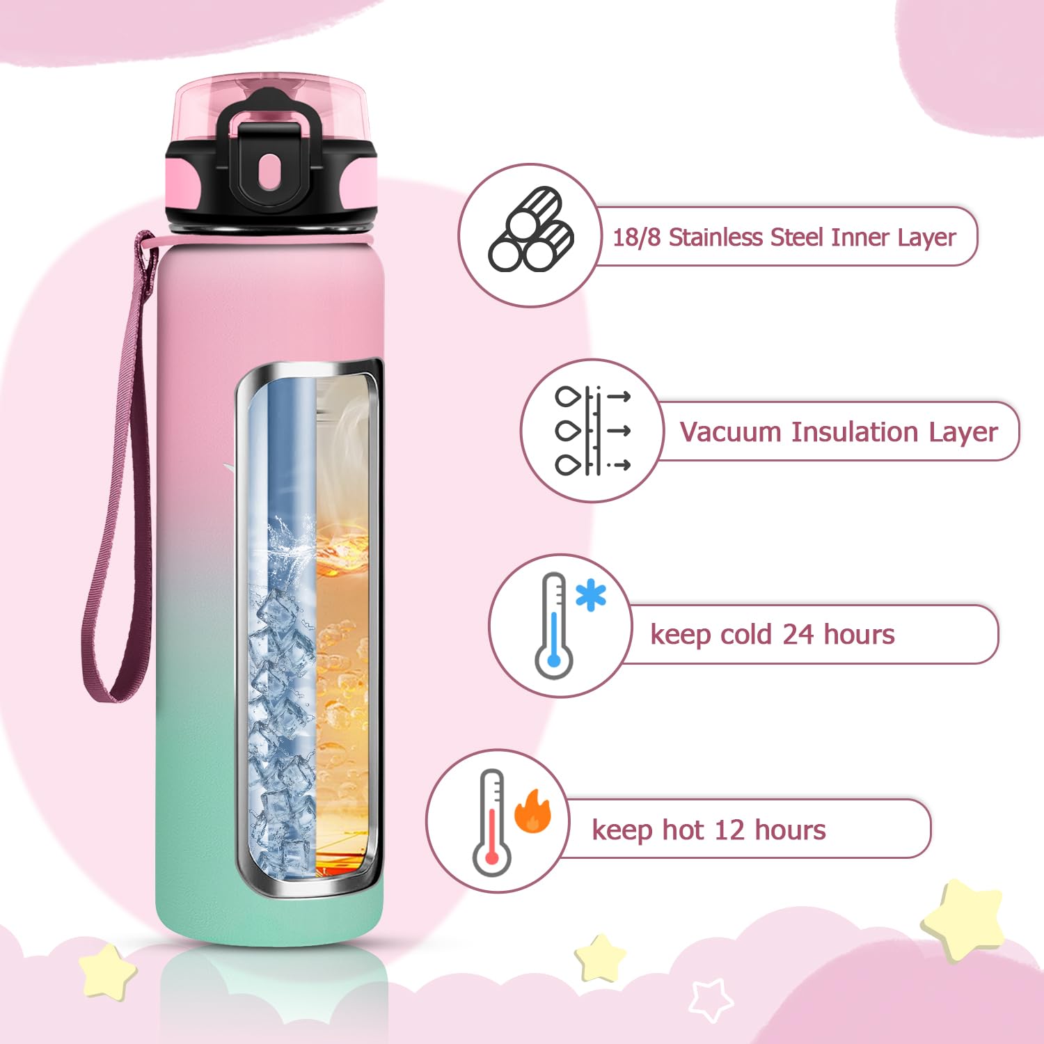 KollyKolla Termos 500 ml, nie zawiera BPA, szczelny, ze stali nierdzewnej, butelka na wodę dla dzieci, butelka na wodę gazowaną, sport, do szkoły, fitnessu, aktywności na świeżym powietrzu, na kemping