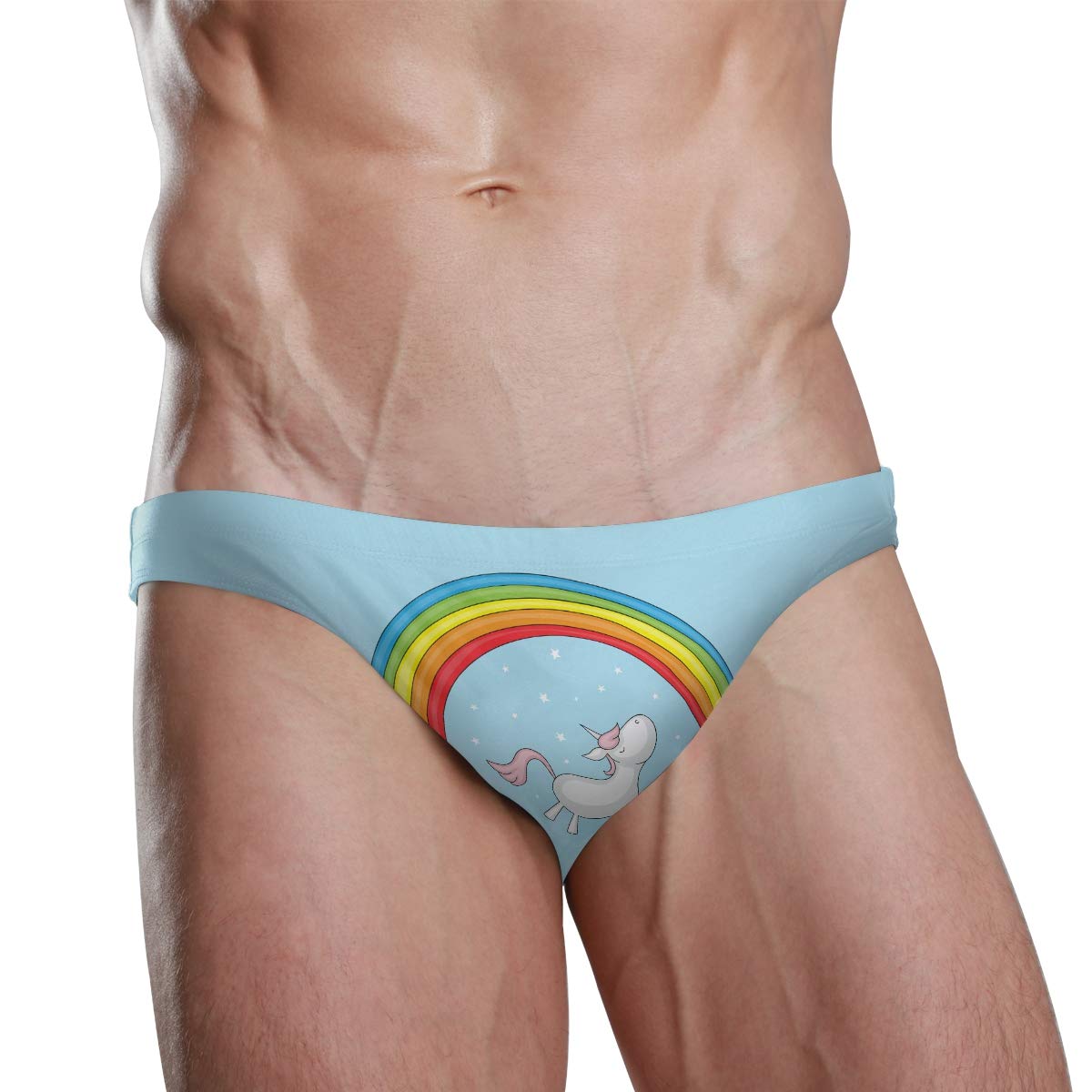 Men Swim Brief Bikini Cartoon Unicorn Under Rainbow Beach Bikini for Men Swim Underwear Medium