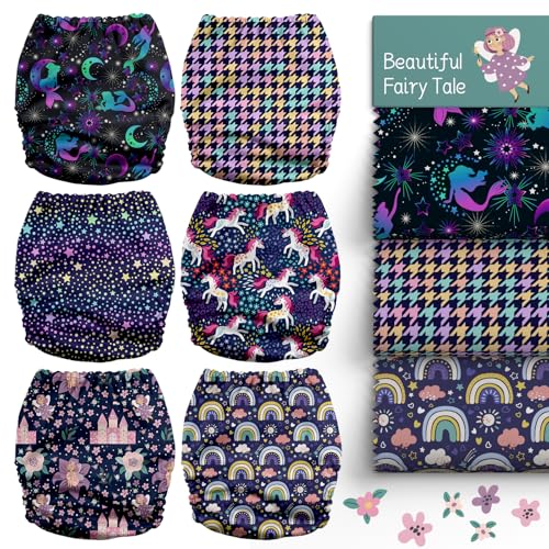 Image of Mama Koala 3.0 Cloth Diapers for Babies with AWJ Lining, 6 Pack with 6 Natural Cloth Diaper Inserts - Reusable and Washable Pocket Diapers (Beautiful Fairy Tale)