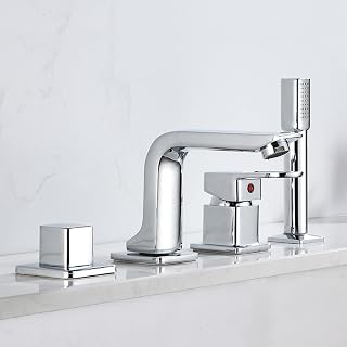Grifo Mezclador de Ducha de baño Moderno de 4 Orificios, Monomando con Agua Caliente y fría, rotación de 360°, grifos de bañera de 4 Orificios, Grifo de llenado de bañera con Ducha Cromado